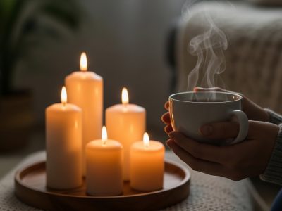 Relaxing daily self-care routine with candles, warm tea, soft lighting, and a calm environment.