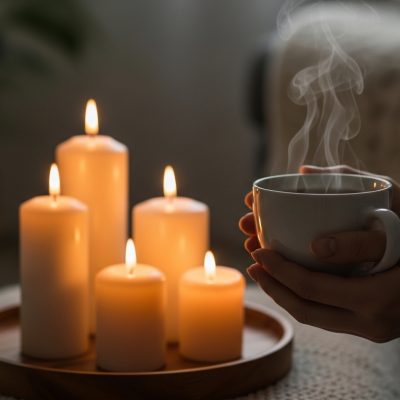 Relaxing daily self-care routine with candles, warm tea, soft lighting, and a calm environment.