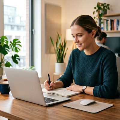 Professional engaged in continuous learning through digital education