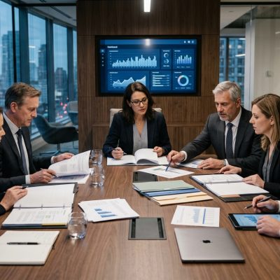 Corporate executives evaluating business risks and mitigation strategies