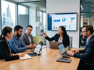 Business team analyzing customer retention and loyalty metrics