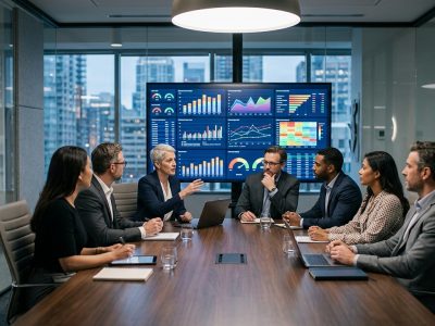 Business executives analyzing performance data and strategic insights
