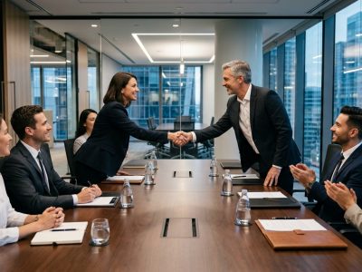 Business leaders discussing strategic partnership opportunities