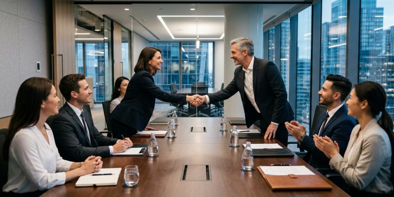 Business leaders discussing strategic partnership opportunities